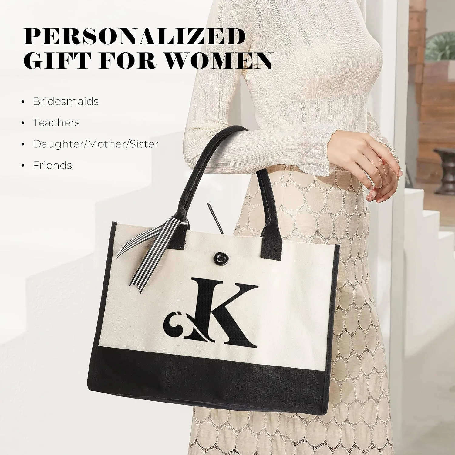 YOOFAN Initial Canvas Tote Bag - Personalized Monogrammed Gift Tote Bag for Wedding, Birthday, Beach, Holiday - Gift for Women, Mom, Teachers, Friends, Bridesmaids (K)