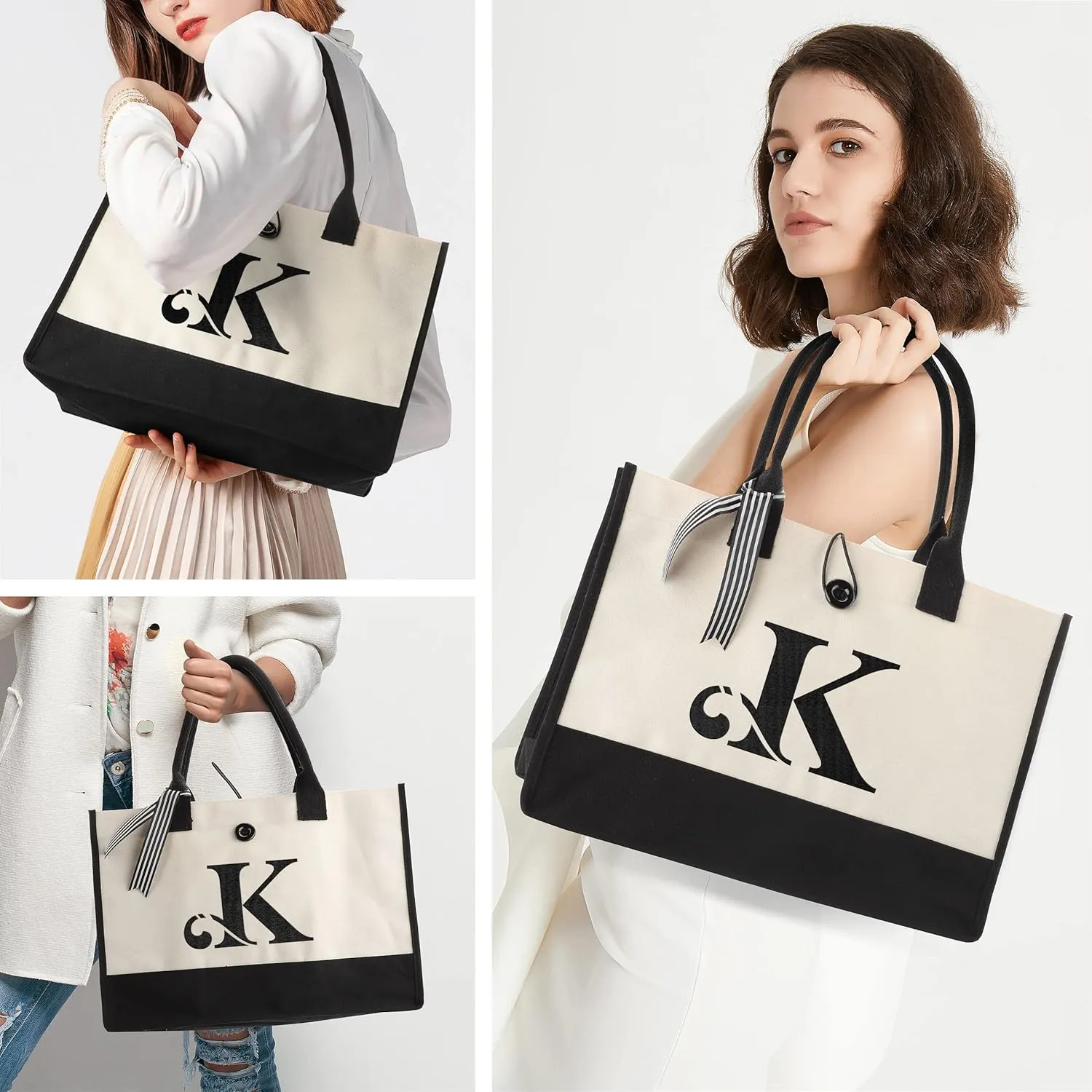 YOOFAN Initial Canvas Tote Bag - Personalized Monogrammed Gift Tote Bag for Wedding, Birthday, Beach, Holiday - Gift for Women, Mom, Teachers, Friends, Bridesmaids (K)
