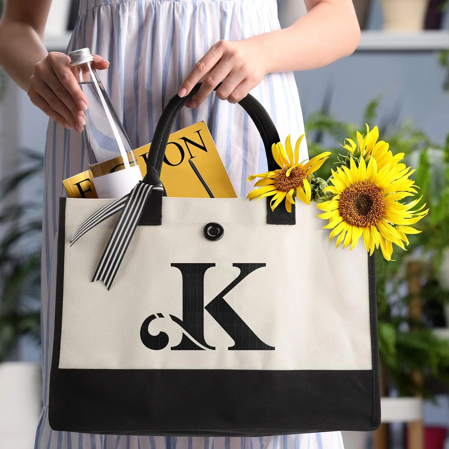 YOOFAN Initial Canvas Tote Bag - Personalized Monogrammed Gift Tote Bag for Wedding, Birthday, Beach, Holiday - Gift for Women, Mom, Teachers, Friends, Bridesmaids (K)
