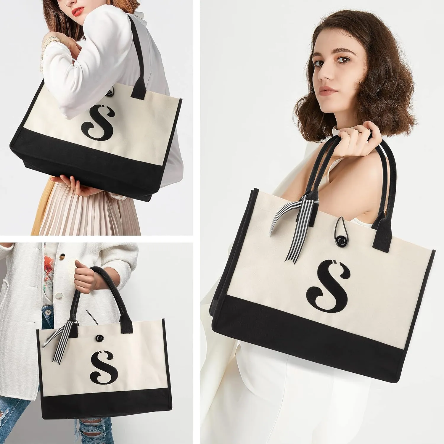 YOOFAN Initial Canvas Tote Bag - Personalized Monogrammed Gift Tote Bag for Wedding, Birthday, Beach, Holiday - Gift for Women, Mom, Teachers, Friends, Bridesmaids (S)