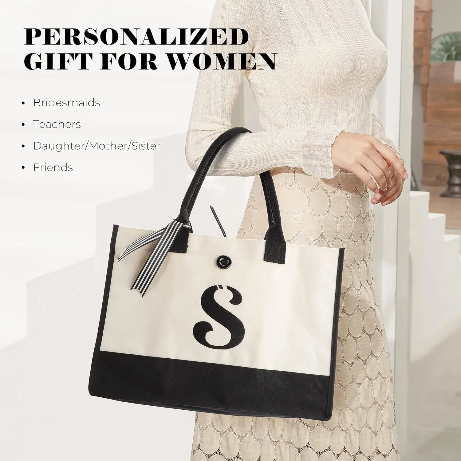 YOOFAN Initial Canvas Tote Bag - Personalized Monogrammed Gift Tote Bag for Wedding, Birthday, Beach, Holiday - Gift for Women, Mom, Teachers, Friends, Bridesmaids (S)
