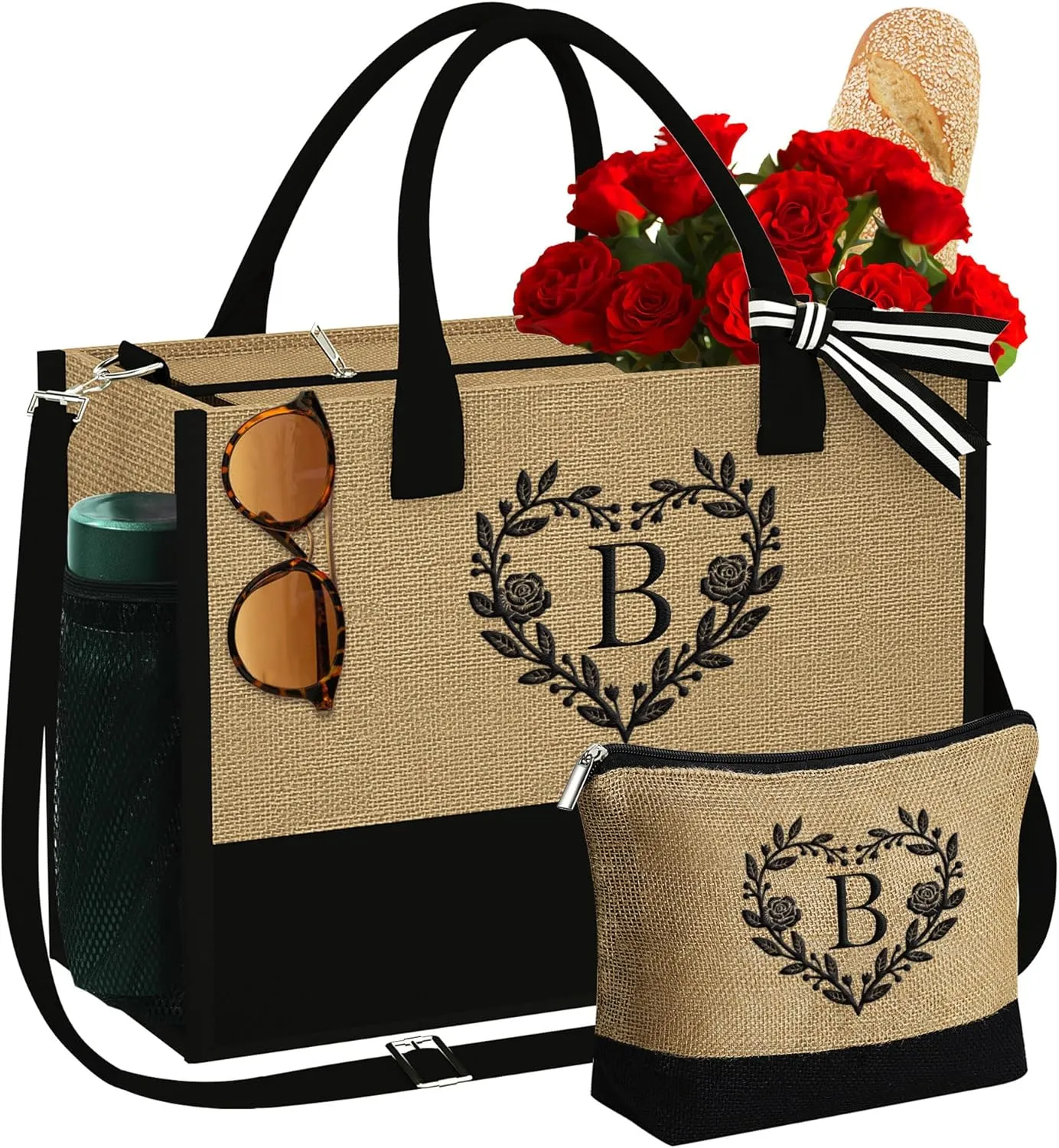 YOOLIFE Gifts for Women - Jute Initial Tote Bag Birthday Gifts for Female Personalized Monogrammed Letter B Tote Bag Birthday Gift for Friends Sister Teacher Mom Initial Beach Bags for Women