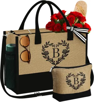 YOOLIFE Gifts for Women - Jute Initial Tote Bag Birthday Gifts for Female Personalized Monogrammed Letter B Tote Bag Birthday Gift for Friends Sister Teacher Mom Initial Beach Bags for Women
