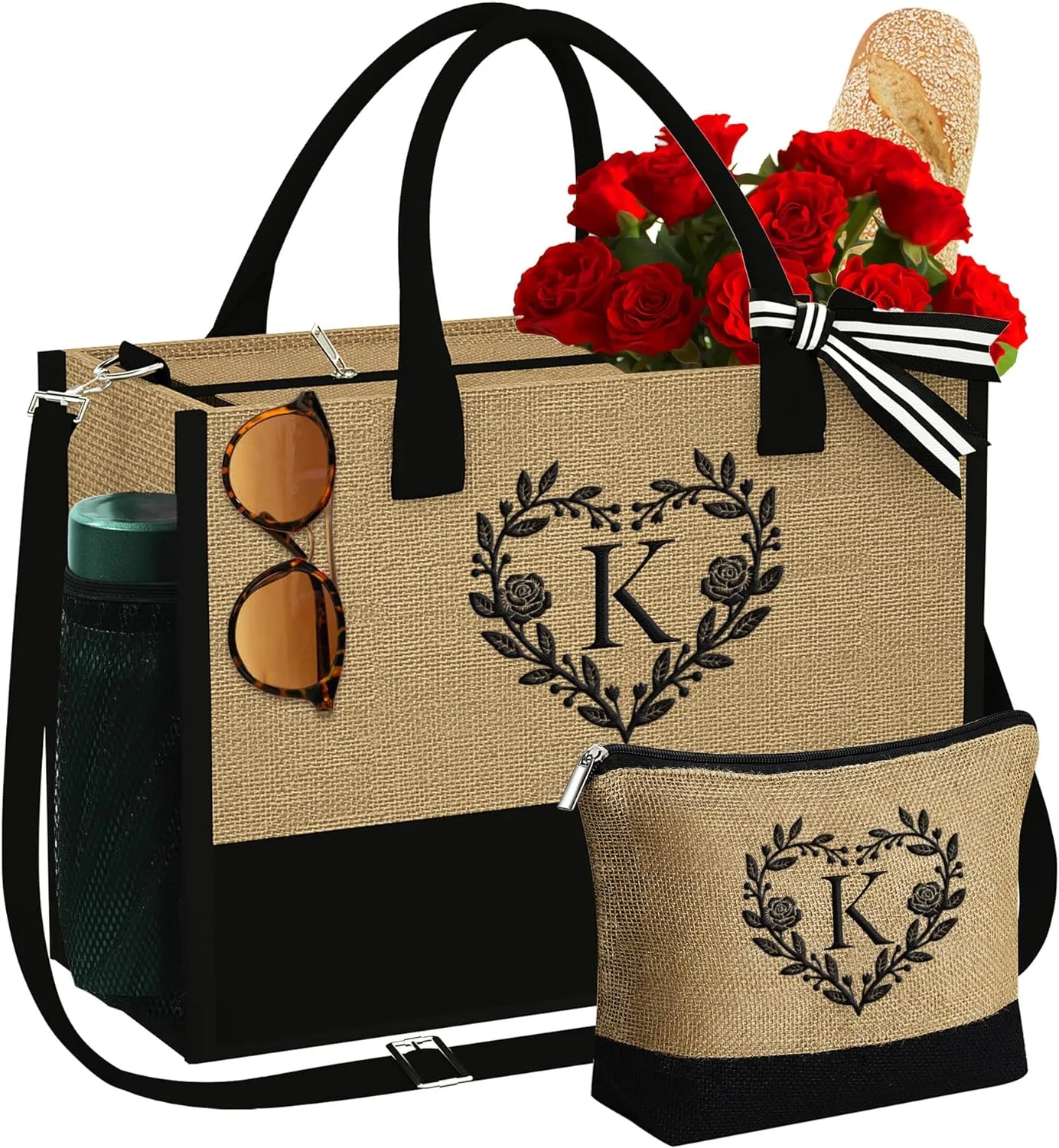 YOOLIFE Personalized Gifts for Women - Monogram Beach Tote Bag, Birthday Gifts for Women, Teacher Gift for Female Girlfriend Friend Friendship Mom Teacher Sister Mom Wife Mothers Day Gift Letter K