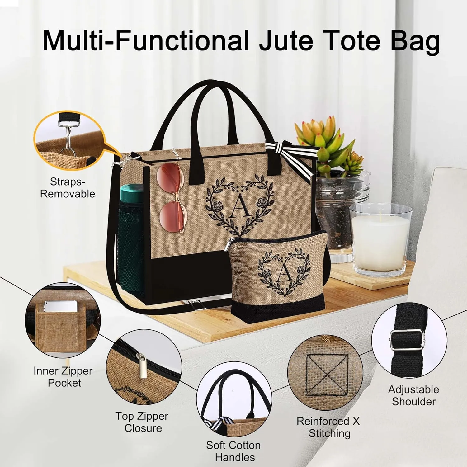 YOOLIFE Personalized Gifts for Women - Monogram Beach Tote Bag, Birthday Gifts for Women, Teacher Gift for Female Girlfriend Friend Friendship Mom Teacher Sister Mom Wife Mothers Day Gift Letter K
