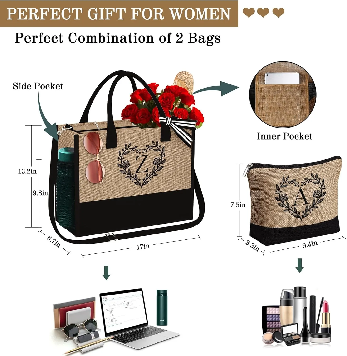 YOOLIFE Personalized Gifts for Women - Monogram Beach Tote Bag, Birthday Gifts for Women, Teacher Gift for Female Girlfriend Friend Friendship Mom Teacher Sister Mom Wife Mothers Day Gift Letter K