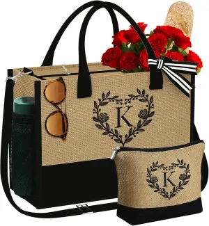 YOOLIFE Personalized Gifts for Women - Monogram Beach Tote Bag, Birthday Gifts for Women, Teacher Gift for Female Girlfriend Friend Friendship Mom Teacher Sister Mom Wife Mothers Day Gift Letter K
