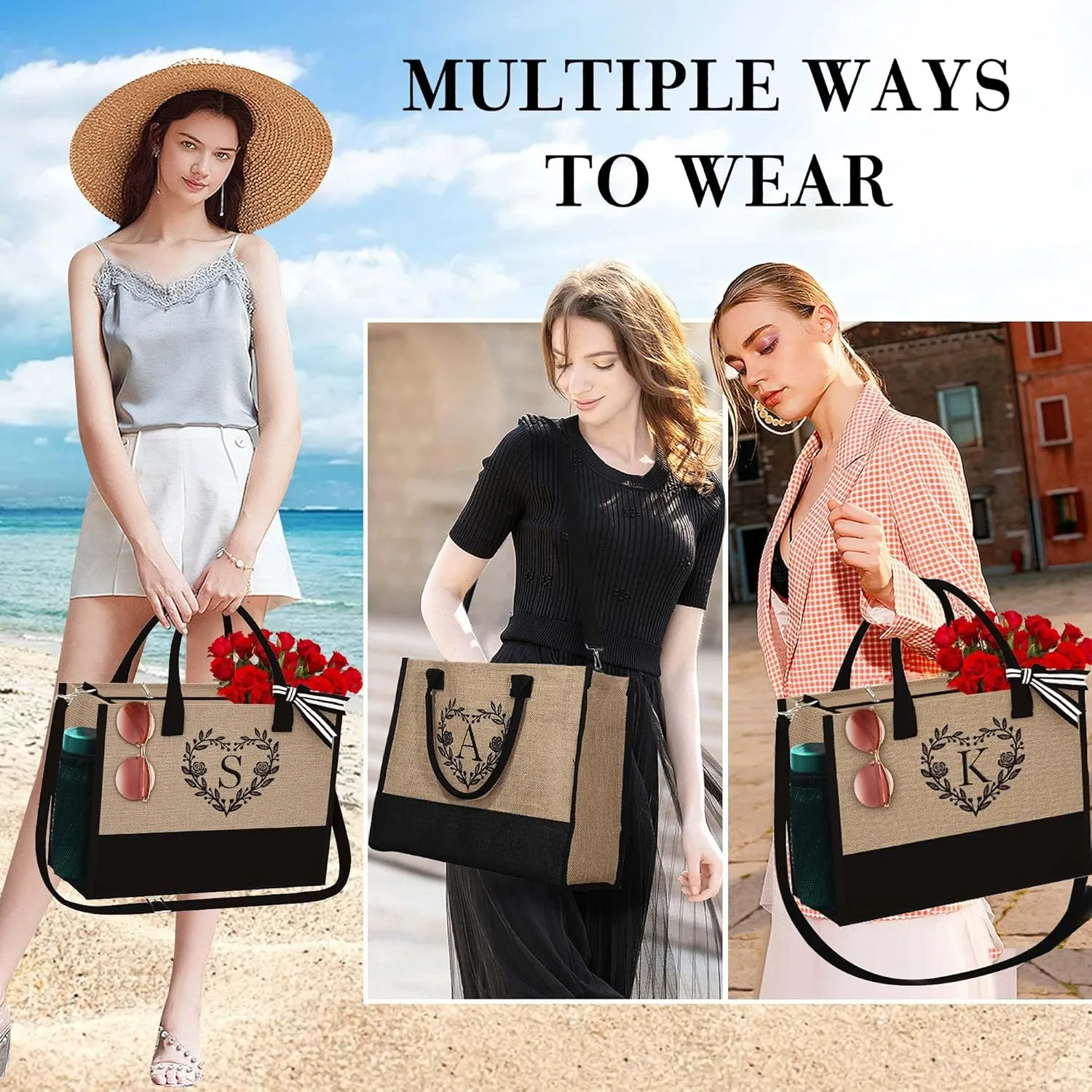 YOOLIFE Personalized Gifts - Initial Beach Tote Bag for Women Beach Bag Tote Mothers Day Gift for Mom Wife Grandma Friend Birthday Gift Girlfriend Wedding Teacher Appreciation Gifts for Women Letter A