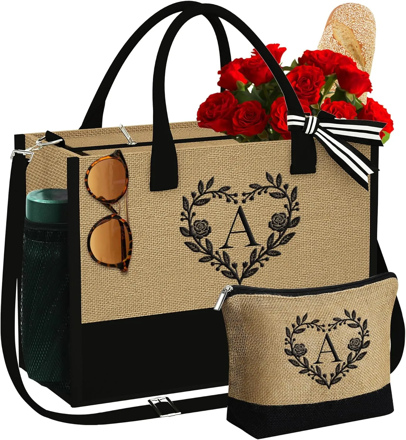YOOLIFE Personalized Gifts - Initial Beach Tote Bag for Women Beach Bag Tote Mothers Day Gift for Mom Wife Grandma Friend Birthday Gift Girlfriend Wedding Teacher Appreciation Gifts for Women Letter A