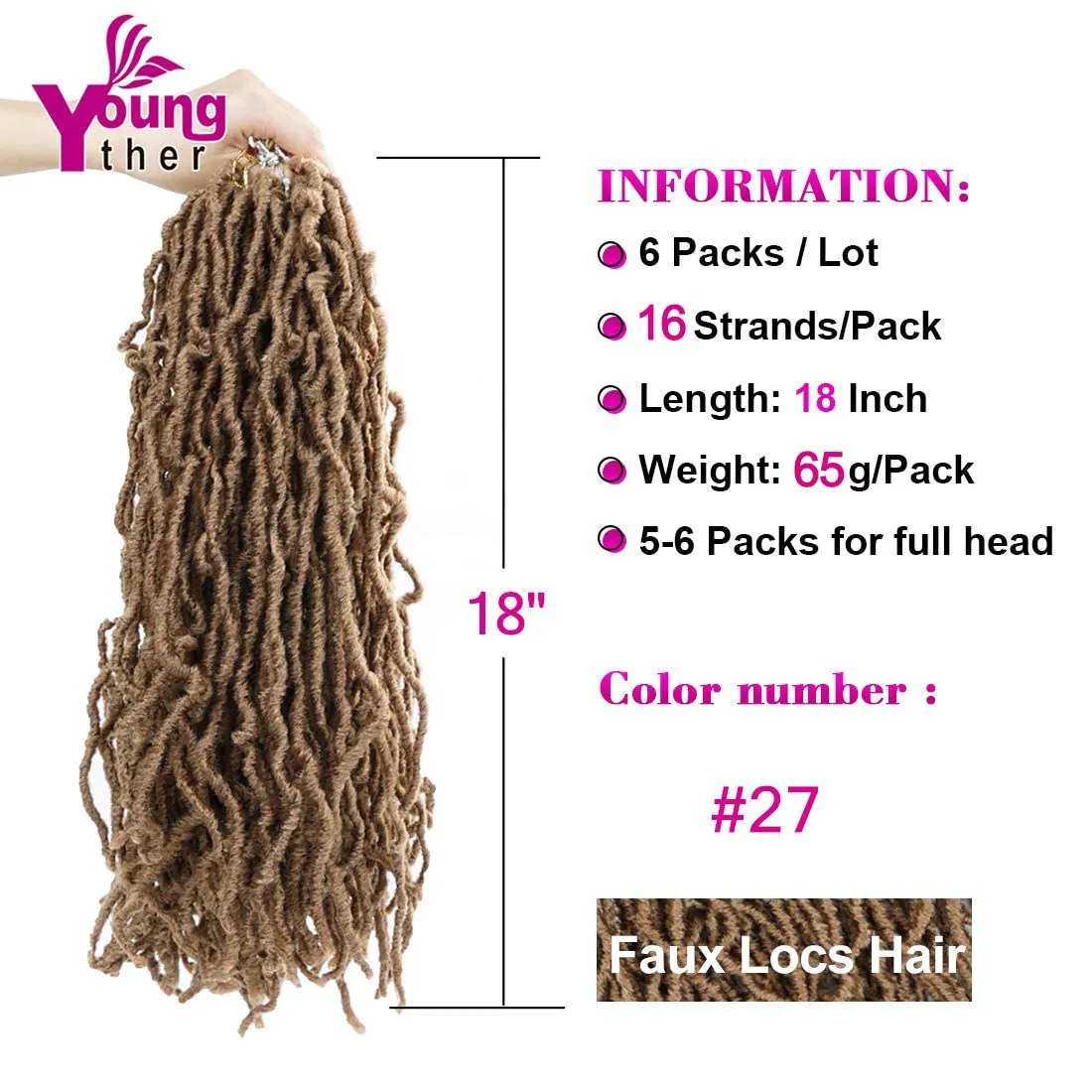 Youngther 18 inch New Faux Locs Crochet Hair Curly Wavy 6 Packs Crochet Faux Locs Hair Synthetic Crochet Hair for Black Women (18inch 6packs-#27)