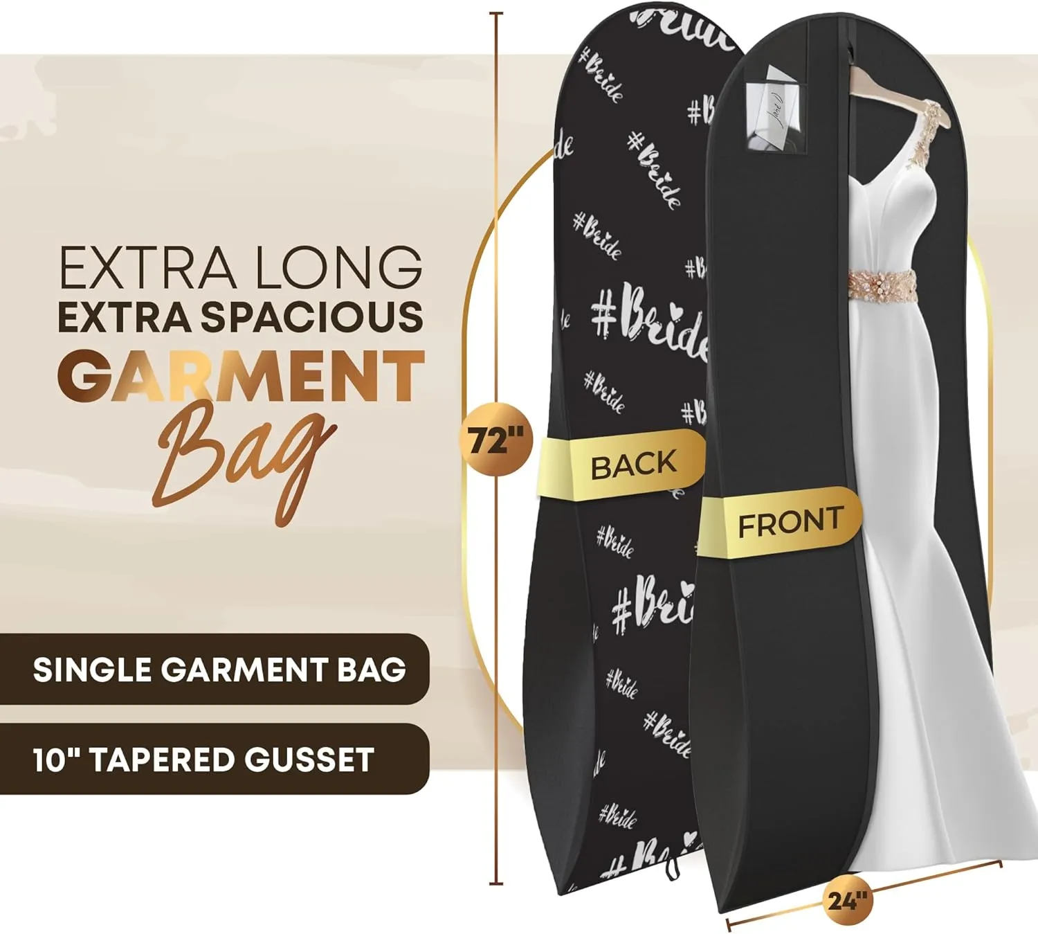 Your Bags 72" Wedding Dress Bag for Gowns Long - Long Garment Bags for Hanging Clothes & Closet Storage - Durable Travel Bag for Women with ID Window (Black,BRIDE)