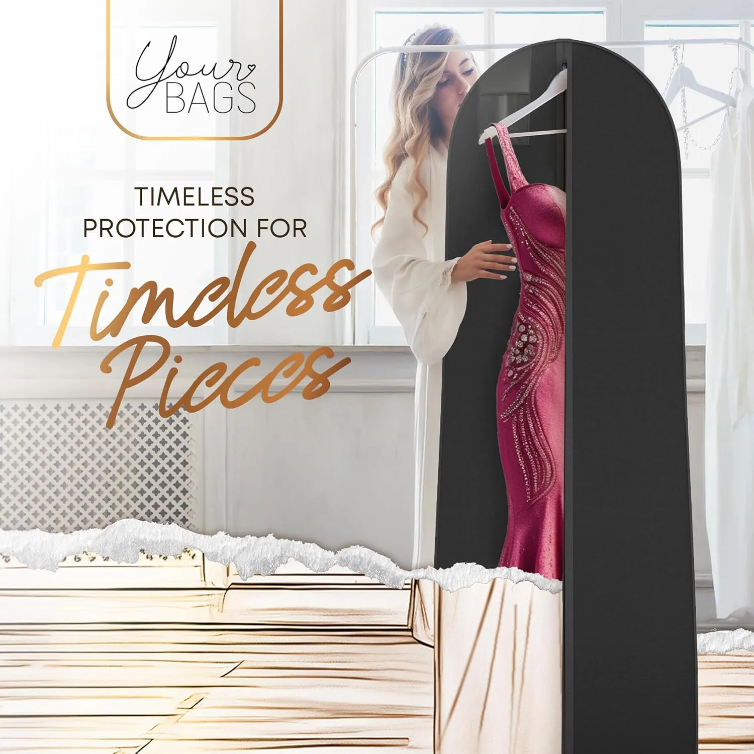 Your Bags 72" Wedding Dress Bag for Gowns Long - Long Garment Bags for Hanging Clothes & Closet Storage - Durable Travel Bag for Women with ID Window (Black,BRIDE)