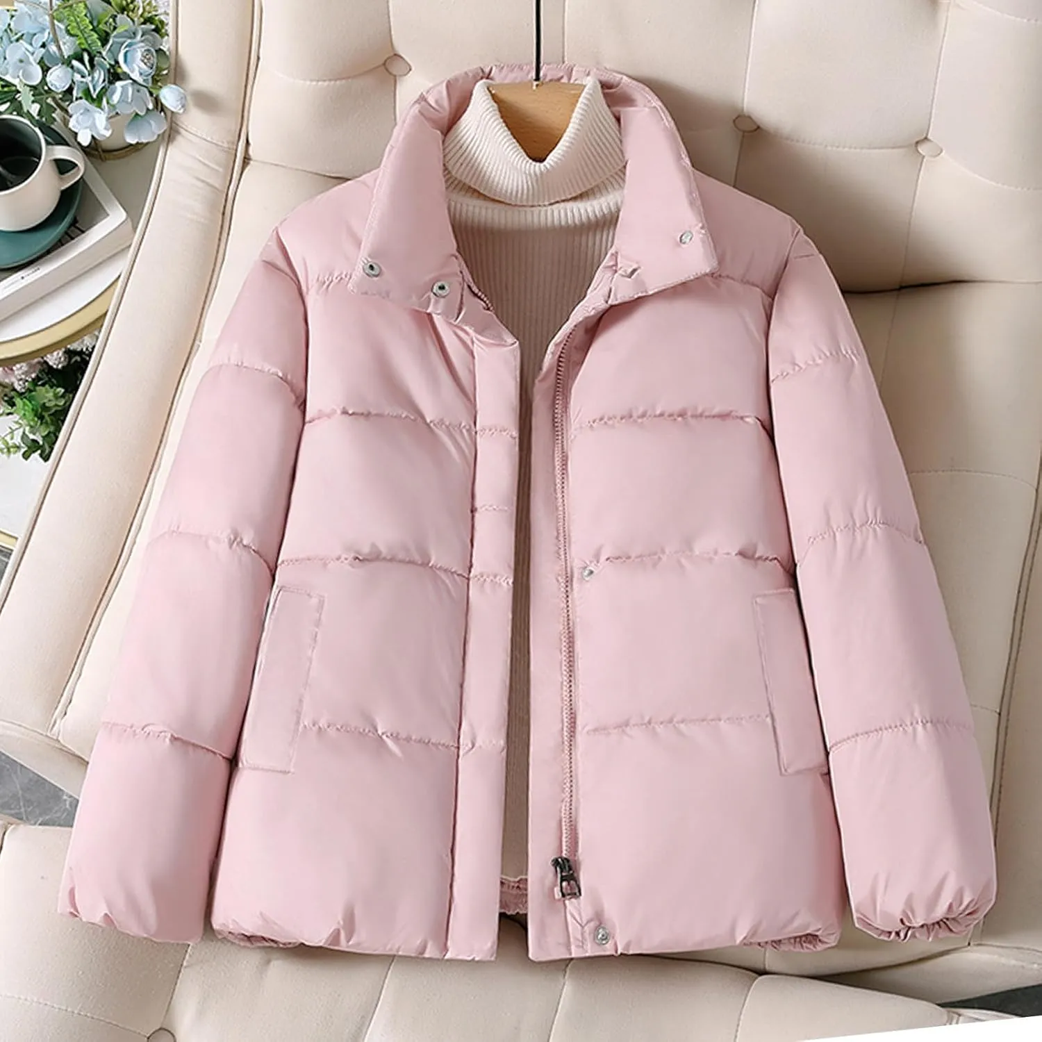 YRAETENM Womens Puffer Jacket Winter Warm Zip up Padded Coat Casual Stand Collar Quilted down Jackets Outerwear with Pockets