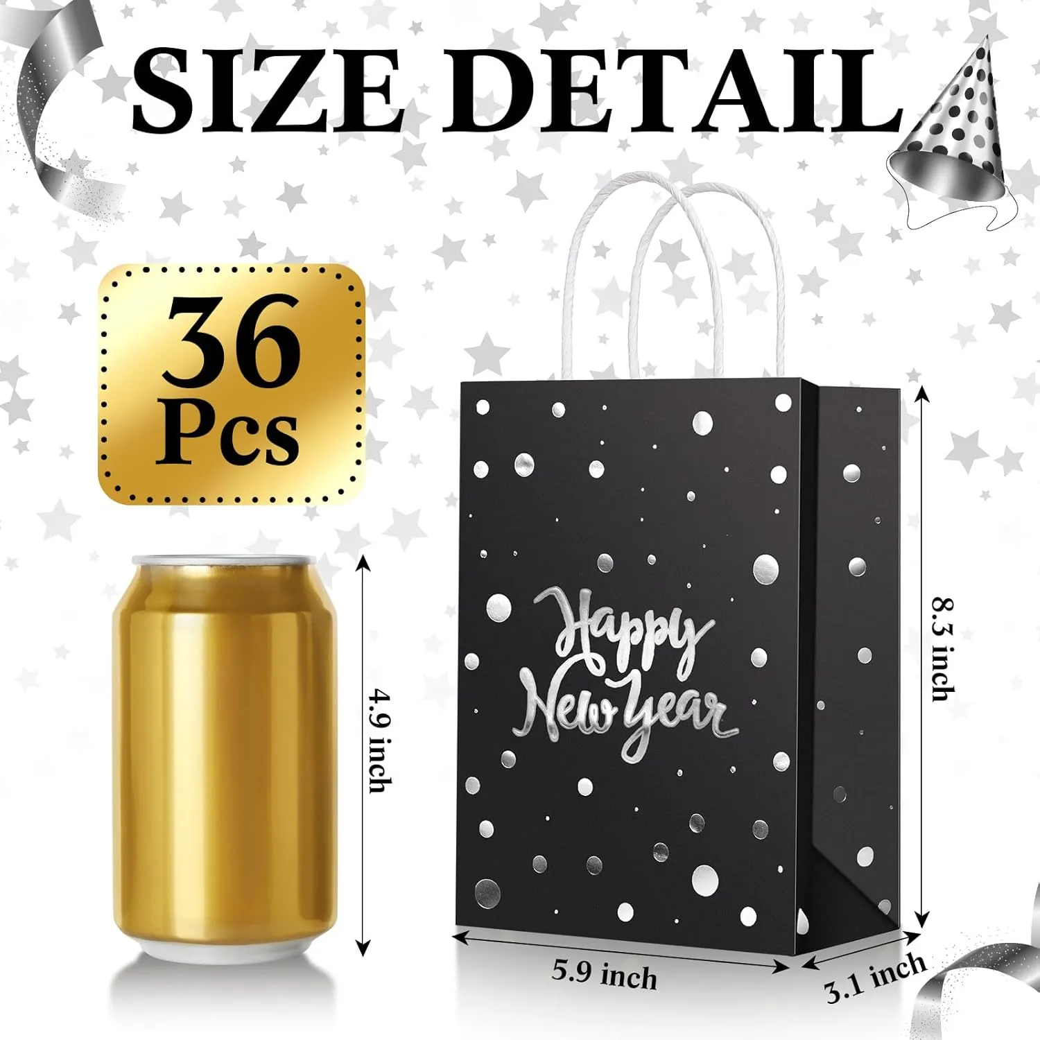 Zhanmai 36 Pcs Happy New Year Black Gift Bags Bulk with Handles 8.27 x 5.91 x 3.15 Inch Kraft Paper Bag Shopping Retail Bags New Year Party Favor for Holiday Birthday (Silver Foiled)