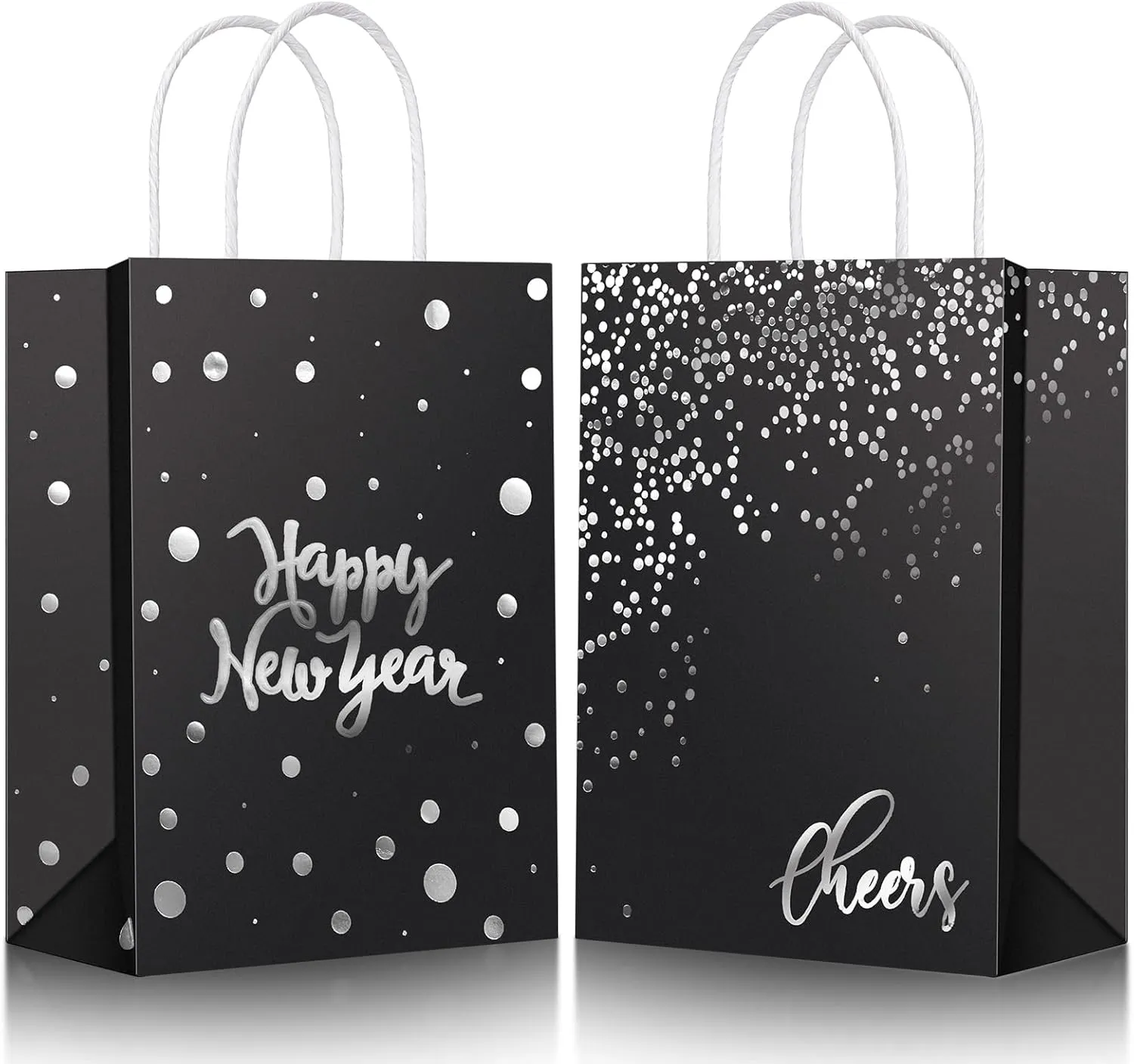Zhanmai 36 Pcs Happy New Year Black Gift Bags Bulk with Handles 8.27 x 5.91 x 3.15 Inch Kraft Paper Bag Shopping Retail Bags New Year Party Favor for Holiday Birthday (Silver Foiled)