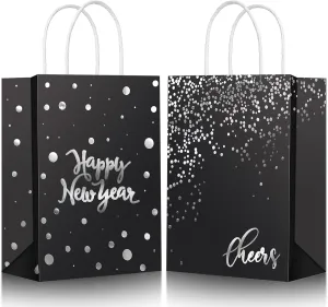 Zhanmai 36 Pcs Happy New Year Black Gift Bags Bulk with Handles 8.27 x 5.91 x 3.15 Inch Kraft Paper Bag Shopping Retail Bags New Year Party Favor for Holiday Birthday (Silver Foiled)